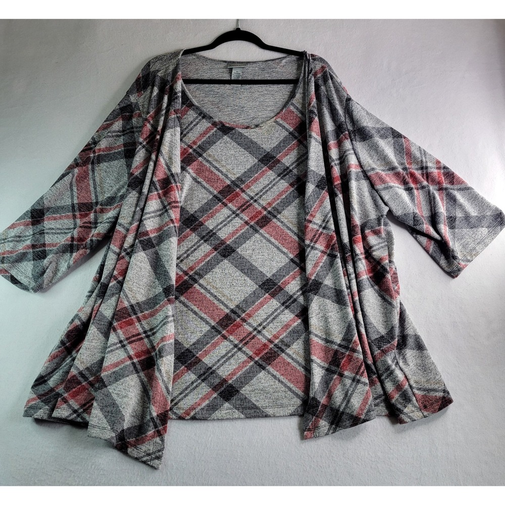 Catherines Womens 2 Piece Plaid Cardigan Tank Set Grey Red Plus Size 4X 30/32W